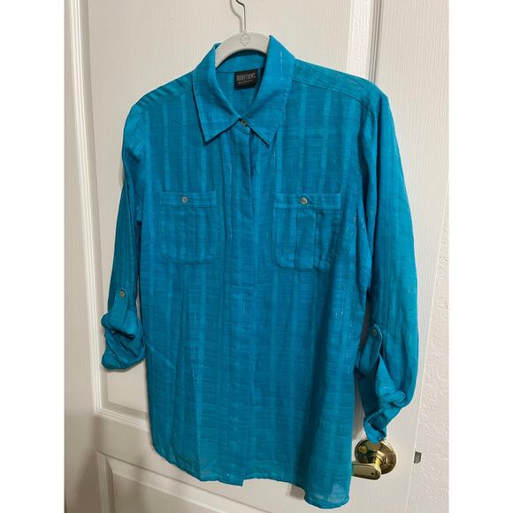 Additions by Chico Sz 1 Teal Woven Silver Threads Adjustable Long Sleeve Blouse - Picture 1 of 13